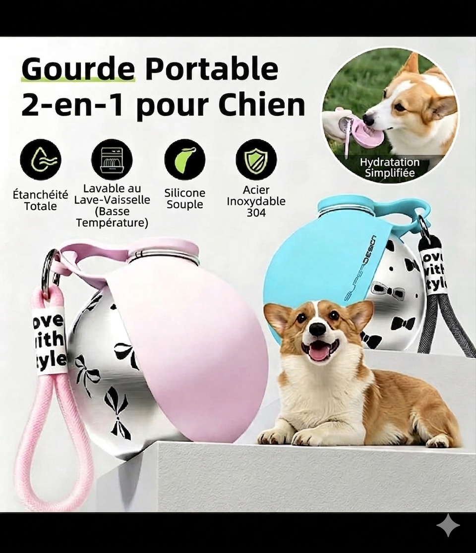 Gourde Portable 2-en-1 pour Chien – Inox & Silicone