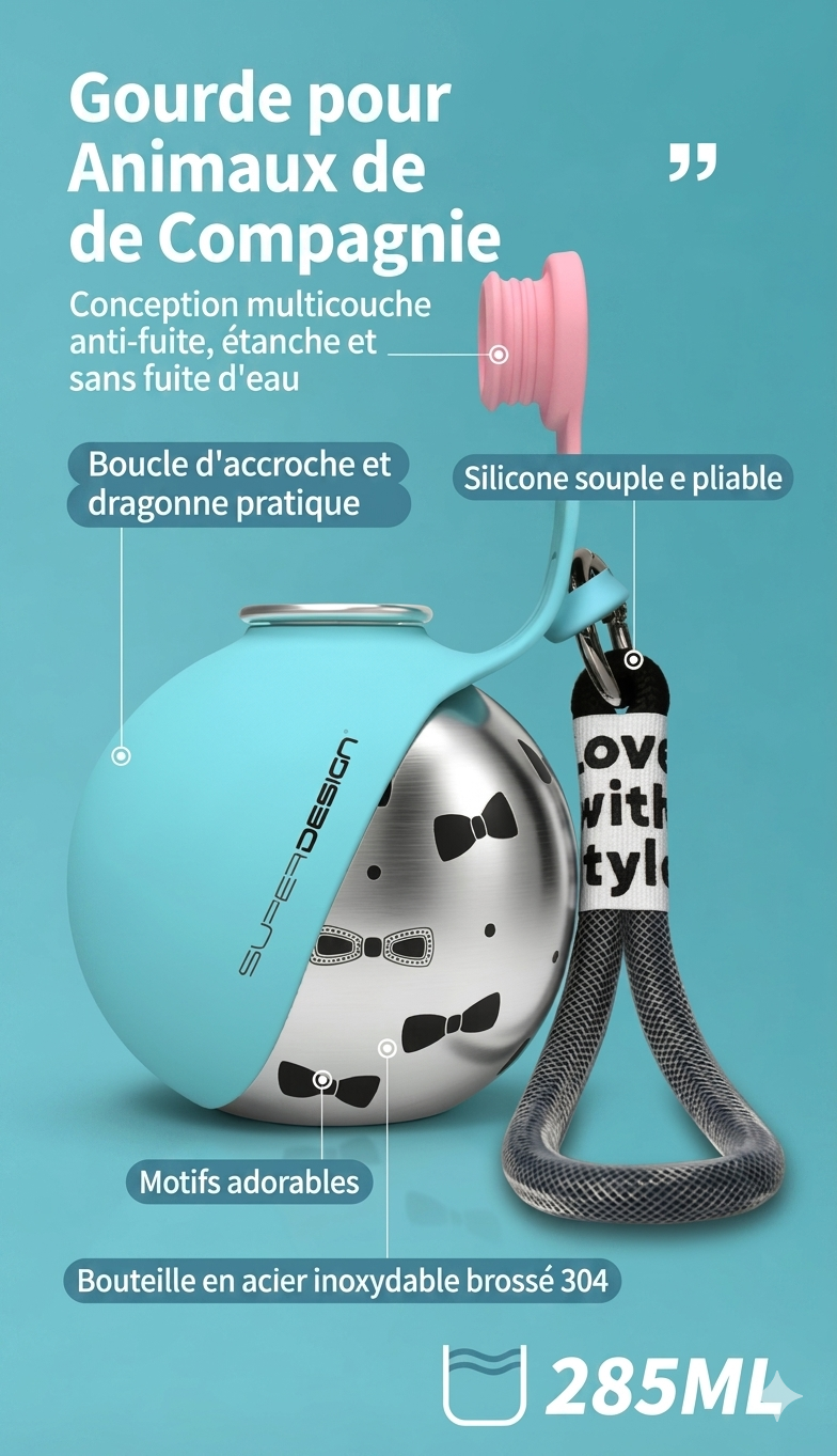 Gourde Portable 2-en-1 pour Chien – Inox & Silicone