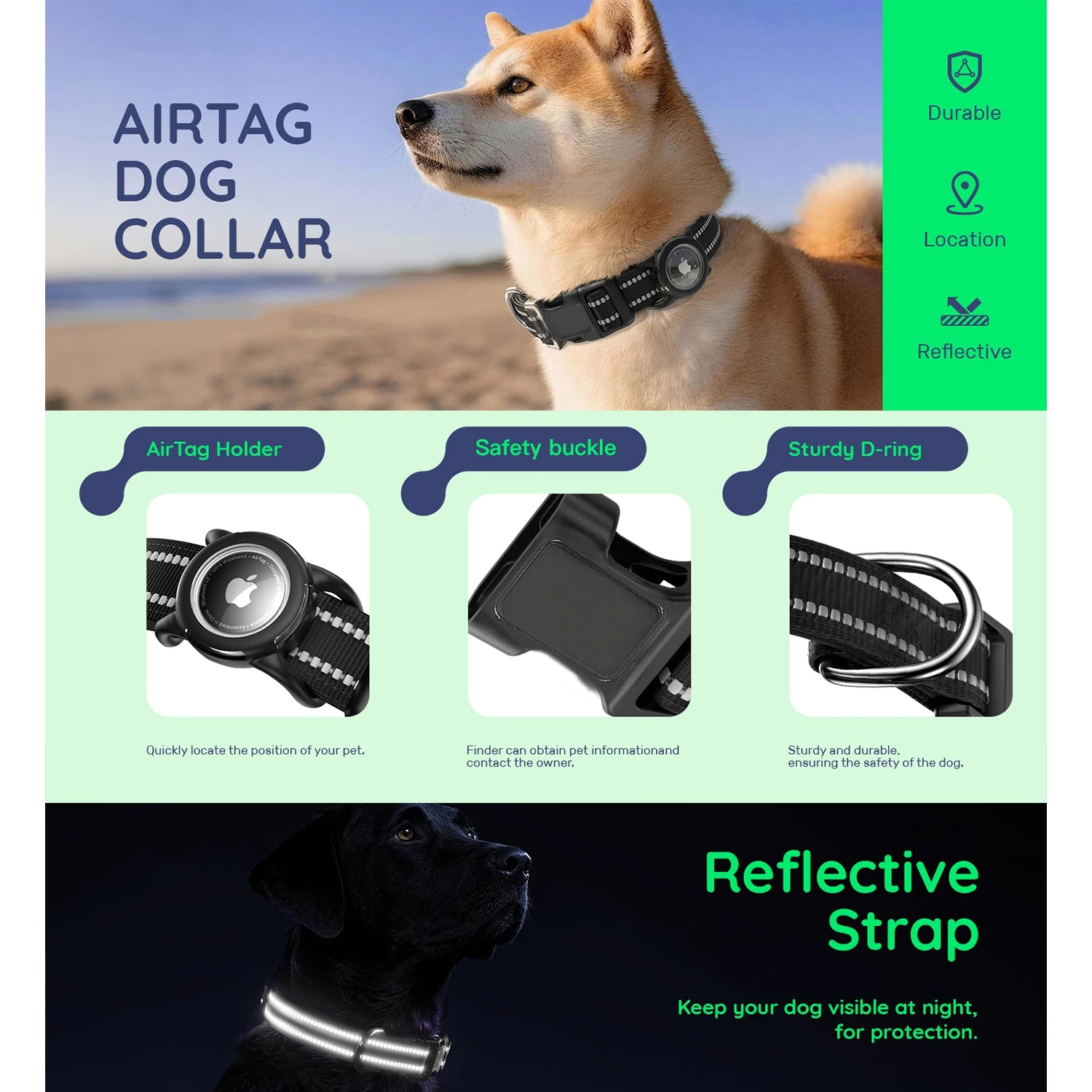 Collier pour Chien avec Support AirTag – Réfléchissant & Réglable